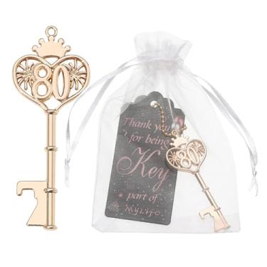 Imagem de Abridor de garrafas Golden 80th Birthday Favors Key para convidados com sacos e etiquetas de organza, 80 abridores de garrafas de chaveiro de cerveja para suprimentos de decoração de festa de