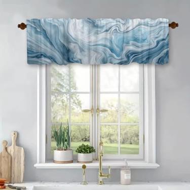 Imagem de Cortinas de sanefa de mármore azul para sala de estar com padrão abstrato moderno, sanefas de cozinha para janelas, bolso de varão, decoração de janela curta, 137 x 45 cm