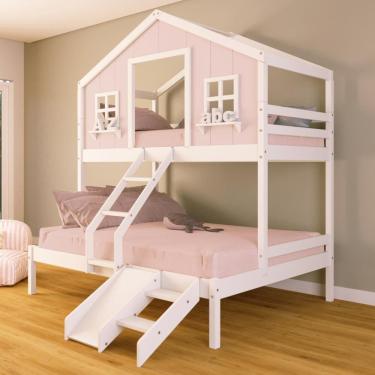 Imagem de Beliche Casal/ Solteiro Casinha dos Sonhos com Escada/ Escorregador Madeira Maciça Rosa/ Branco Housin