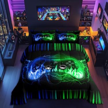 Imagem de Feelyou Jogo de cama Queen com estampa de videogame 3D, decoração de quarto de jogos de crianças, adolescentes, azul, verde, jogo geométrico, fogo, para amantes de jogos