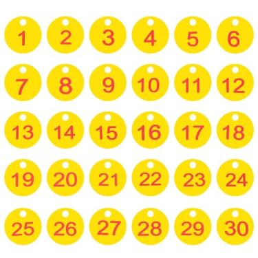 Imagem de PATIKIL 1-30 etiquetas numeradas de plástico redondo numerado identificação identificação chave pendurar etiqueta para chaveiro de dormitório caixa de armário de academia, amarelo com texto vermelho