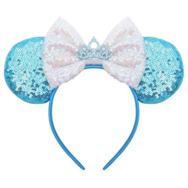 Imagem de ODOCARE Tiara de orelhas de rato feita à mão para mulheres e meninas, laço com glitter, acessórios de fantasia Minnie Ears, 01 Coroa de glitter azul