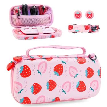 Imagem de HYPERCASE Estojo De Transporte De Morango Para Nintendo Switch Lite, Pacote De Acessórios Portáteis Com Bolsa De Armazenamento Rosa Para Switch Lite, Alça De Ombro E 2 Capas De Polegar Fofas, 8 Slot
