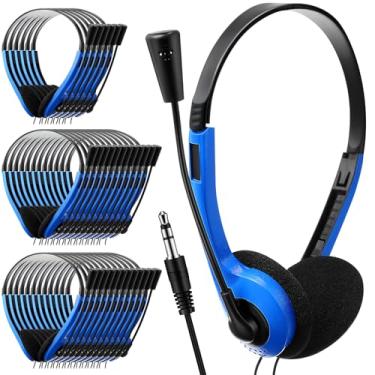 Imagem de Yunsailing Pacote com 30 fones de ouvido para sala de aula com microfone, fones de ouvido infantis azuis, leves, ajustáveis, com conector de 3,5 mm para escritório, escola, sala de aula