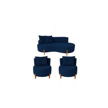 Imagem de Conjunto 2 Poltronas + Sofá Curvo Orgânico Veludo Azul Marinho - Montanaris Decor