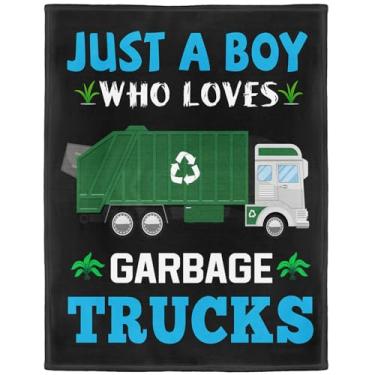 Imagem de XSMEI Cobertor de caminhão de lixo, cobertor Just A Boy Who Loves Garbage Trucks, macio e aconchegante, presentes para meninos e adolescentes, 152 cm x 203 cm, preto