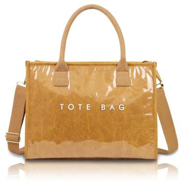 Imagem de LIERWOI Sacola de PVC para mulheres, sacola de plástico moderna de papel kraft, bolsa feminina com estampa de letras, bolsa de ombro, Marrom, One Size