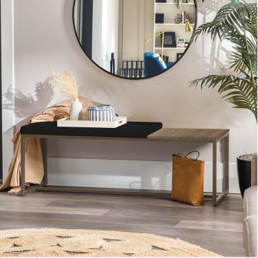 Imagem de Banco Recamier Puff 195cm Industrial Marrom Corino Preto Tampo Quadrado Mdf Imbuia