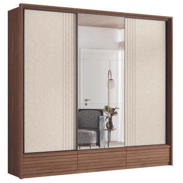 Imagem de Roupeiro 3 Portas Ripado Com Espelho Flex Braga Jatoba Areia