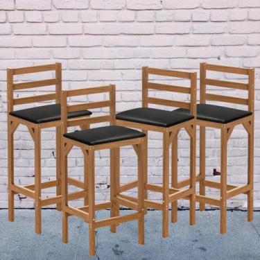 Imagem de Kit 4 Banqueta Alta Madeira Natural Assento Preto Estofado com Encosto