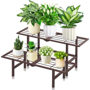 Imagem de jsyonii Suporte Para Plantas Interno E Externo, Escada De Metal Dobrável 2 Níveis, Prateleira Empilhável, Decorativo Vasos Flores, Exposição Em Jardim, Sala Estar Pátio, Marrom