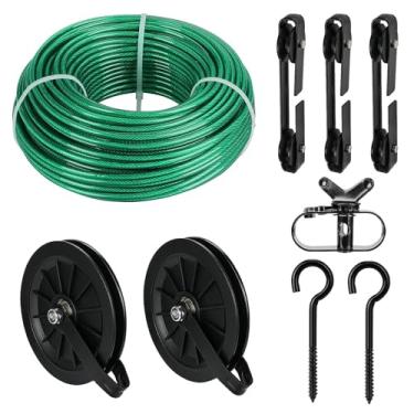 Imagem de Fshihine Kit De Varal Para Área Externa, Polia Galvanizada Com Revestimento Em Pvc Verde 45 M 16 Cm, Ganchos Metal M8, Separador 3 Peças, Externa Resistente