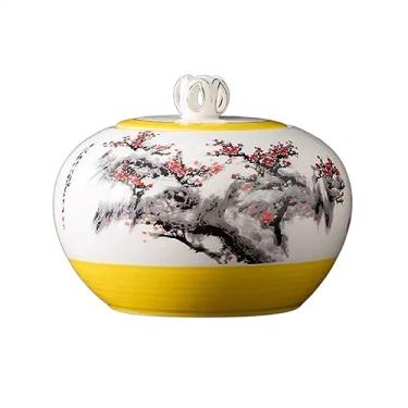 Imagem de Lata de chá Vasilha de chá de cerâmica pintada à mão, grande multifuncional, jarra de armazenamento selada, armazém de chá de luxo para folhas soltas Caixa de chá(Yellow)