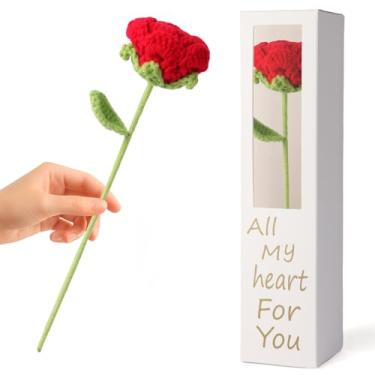 Imagem de Gtudkae Rosa vermelha de crochê feito à mão, All My Heart for You, elegante buquê de flores artificiais de rosa vermelha de crochê para comemorações de aniversário, presente de aniversário, decoração