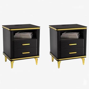 Imagem de Mesa de cabeceira preta com estação de carregamento, mesa de cabeceira com portas USB e tomadas, mesa de cabeceira com 2 gavetas, mesas laterais de cama para quarto, mesas de cabeceira modernas