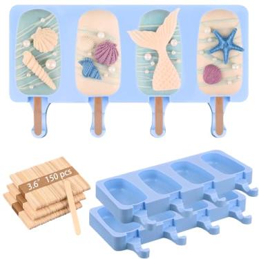 Imagem de Sakolla Conjunto de moldes de silicone para picolé caseiro, 3 peças de moldes de sorvete com 150 palitos de madeira para bolos pop de gelo (grande/azul)