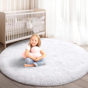 Imagem de KIXINWA Tapete Redondo Branco, Tapete de Área Circular Fofo de 4X4 Pés para Quarto de Criança, Sala de Estar, Decoração de Casa, Tapete Circular Supermacio E Fofo Antiderrapante, Carpete de Pelúcia Fe