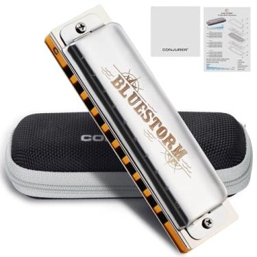 Imagem de CONJURER Gaita Blues para iniciantes adultos 10 furos gaita diatônica em chave C palhetas bronze fósforo latão boca luxo órgão blues harpa com capa, chave de prata C