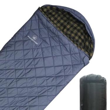 Imagem de Mountainlodge Saco de dormir 100% algodão e forro para clima frio adulto com bolsa de compressão e bolsa de transporte para acampamento, viagem e acampamento de carro (pequena grade azul escuro com