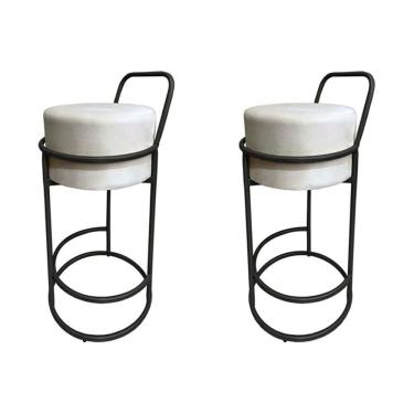 Imagem de Kit 2 Banquetas Alta Redonda Base Preta Veludo Bege