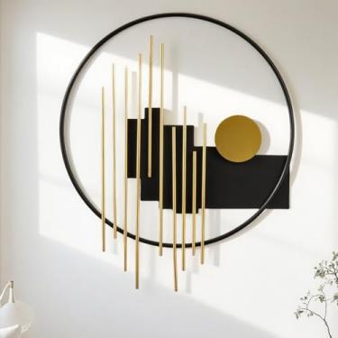 Imagem de HYVAKUPPA Decoração de parede de metal grande 3D, esculturas de parede estéticas modernas, 19,7 x 23,2 polegadas, decoração geométrica circular de luxo, arte de parede para quarto, sala de jantar