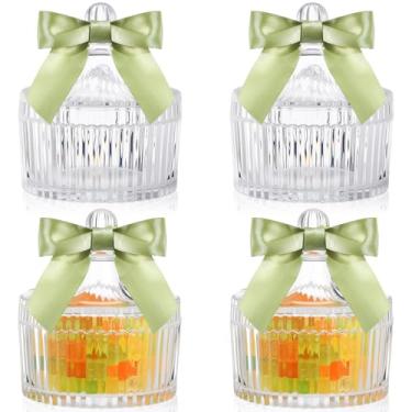 Imagem de Geelin 4 potes de vidro para doces com tampas, prato de doces com laços, 260 ml, tigela de armazenamento de biscoitos de cristal decorativa, caixa de joias com fita para buffet, festa em casa
