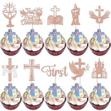Imagem de 30 Pack First Holy Communion Cupcake Toppers Glitter Cross Bible Cupcake Picks God Bless Cake Decorations for First Communion Baptism Religion Theme Birthday Party Supplies Rose Gold