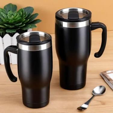 Imagem de Caneca Térmica Parede Dupla em Aço Inox Preta 600ml com Tampa Flip - Estilo Liso
