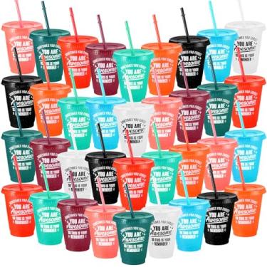Imagem de FoldTier 36 peças copos de agradecimento de funcionários presentes copos de plástico inspiradores com tampas e canudos 473 ml caneca de café reutilizável com glitter para funcionários colegas de