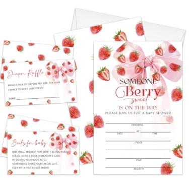 Imagem de Zwsrplo Convites de chá de bebê para meninas, conjunto de 25 convites de chá de bebê morango para revelação de gênero cartões com envelopes, cartões de solicitação de livro, ingressos de sorteio de