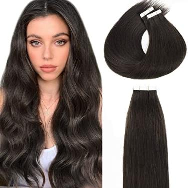 Imagem de Loxxy Extensões de cabelo humano com fita adesiva de cabelo humano natural, preto sedoso, liso, verdadeiro, apliques de fita em trama semi-permanente invisível da pele, 20 peças, 50 g 45 cm