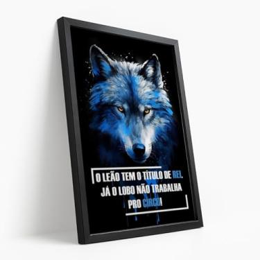 Imagem de Quadro Decorativo Lobo Azul Frase Força Selvagem Inteligência Animal Instinto Arte Impactante Estilo Escuro Com Moldura
