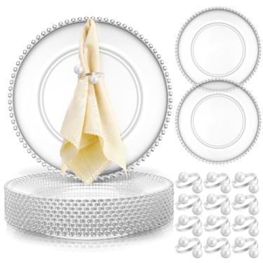 Imagem de Tioncy Conjunto de 12 placas de carregamento transparentes de plástico com contas de 33 cm, anéis de guardanapo, mesa de jantar redonda de acrílico prato decorativo para eventos de festa de casamento