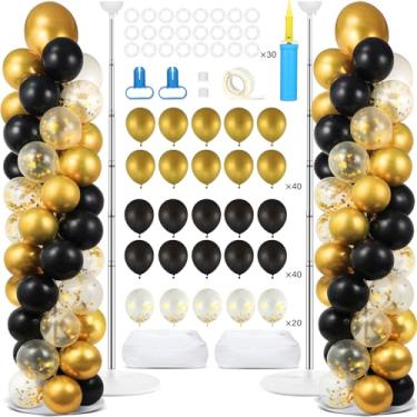 Imagem de Conjunto de 2 kits de suporte de coluna de balões pretos e dourados com 100 balões ajustáveis com bases para chão, kit de coluna de balão de confete dourado preto para decoração de festa de