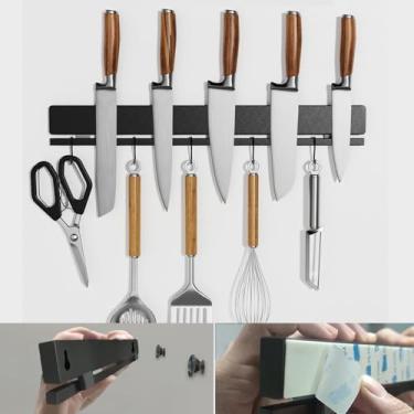 Imagem de YIIYIIN Suporte magnético de faca para parede com 12 ganchos - tira magnética de faca - Suporte de utensílios de cozinha de aço inoxidável 304, cabide/rack/barra, 43 cm (preto)