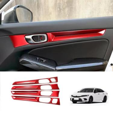 Imagem de JIEOSDIN Acessórios de carro Maçaneta lateral de porta painel de apoio de braço moldura protetora moldura moldura compatível com Honda Civic 11ª geração 2022 2023 2024 (vermelho) 4 peças ABS