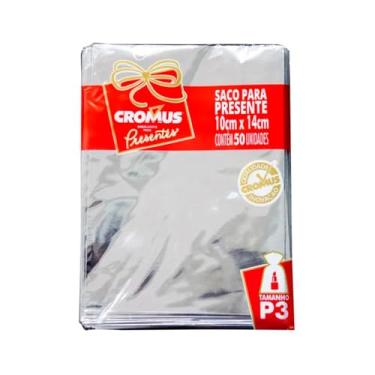 Imagem de Saco Para Presente Cromus Embalagens Com Acabamento Metalizado Na Cor Prata - Tamanho 10x14 Cm C/ 50 Unidades