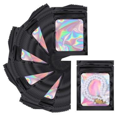 Imagem de Svaldo Sacos holográficos Mylar com janela, pacote com 100, bolsa Ziplock preta para amostras de joias, pulseira de brilho labial, embalagem de doces, armazenamento de alimentos, 8 x 9 cm, 3 mm