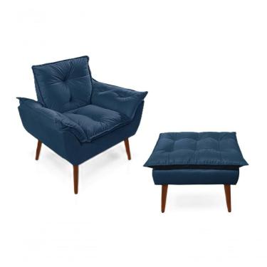 Imagem de Poltronas para Amamentação com 1 Puff Decorativas Confortáveis para Sala, Quarto, Recepção - Suede Luxo Azul Marinho
