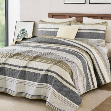 Imagem de Dintszyayue Colcha Queen Size Marrom Cinza, 3 Peças de Cama Boho Listrada para Cama Queen Size, Conjunto de Colcha Boêmia de Microfibra Leve Macia para Todas as Estações Colchas com 2 Fronhas