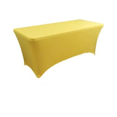 Imagem de Toalha de mesa de elastano opcional de 4 pés, 5 pés, 6 pés e 8 pés, alta elasticidade, capa de mesa de casamento, hotel, aniversário, toalha de mesa dobrável para coquetel, amarelo-limão, 6 pés (181