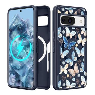 Imagem de LISEVO Capa para Google Pixel 8A de 6,1 polegadas - [Compatível com MagSafe] Capa protetora magnética fofa feminina kawaii borboleta azul resistente à prova de choque para capas de telefone Google
