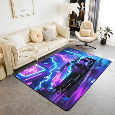 Imagem de Tapetes laváveis de carro de corrida, tapete tie dye Lightning para sala de estar, quarto, carro de velocidade fria, tapete de piso interno para crianças, meninas e meninos, estilo moderno, tapetes