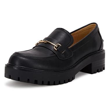 Imagem de VETASTE Mocassins femininos com sola de salto médio, salto grosso, clássico, bico redondo, sem cadarço, uniforme de escritório, Oxfords com corrente de metal, Preto, 38