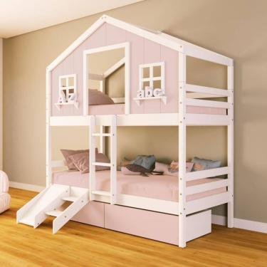 Imagem de Beliche Casinha Sonhos com 02 Gavetas Rosa Kit Escada/ Escorregador Madeira Maciça Rosa/ Branco Housin