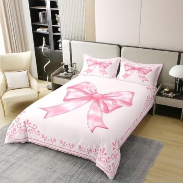 Imagem de Manfei Conjunto de capa de edredom 100% algodão com laço rosa tamanho casal, conjunto de cama com laço floral aquarela, 3 peças, capa de colcha de desenho animado de princesa, decoração de quarto de