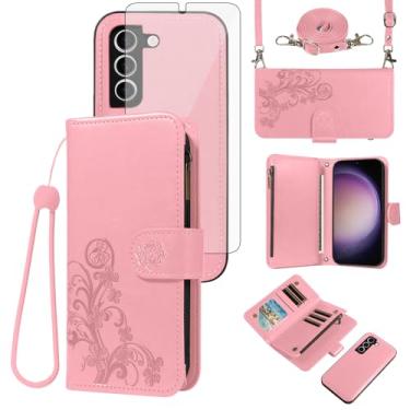 Imagem de Asuwish Capa de celular para Samsung Galaxy S23 Plus S23+ 5G com zíper carteira de celular com alça protetora de tela de vidro temperado, porta-cartões de flores S23plus 23S + S 23 23+ SM-S916U 16.8