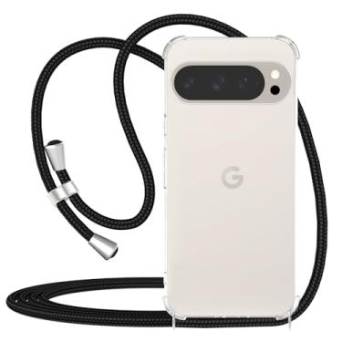 Imagem de CAROKI Capa transversal transparente com cordão para Google Pixel 9 Pro XL de 6,8 polegadas, com alça de pescoço, capa protetora traseira rígida para Google Pixel 9 Pro XL-Preto