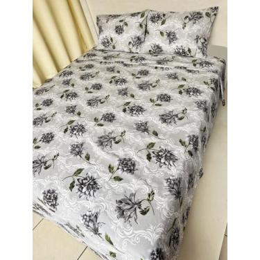 Imagem de Jogo de Lençol Solteiro 2 Peças Floral Cinza Roupa de Cama Percal 100%