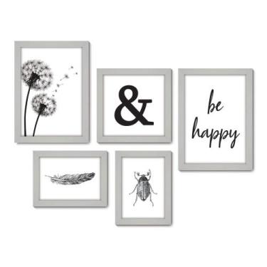 Imagem de Kit Com 5 Quadros Decorativos - Frase Be Happy - 003kq01b - Allodi